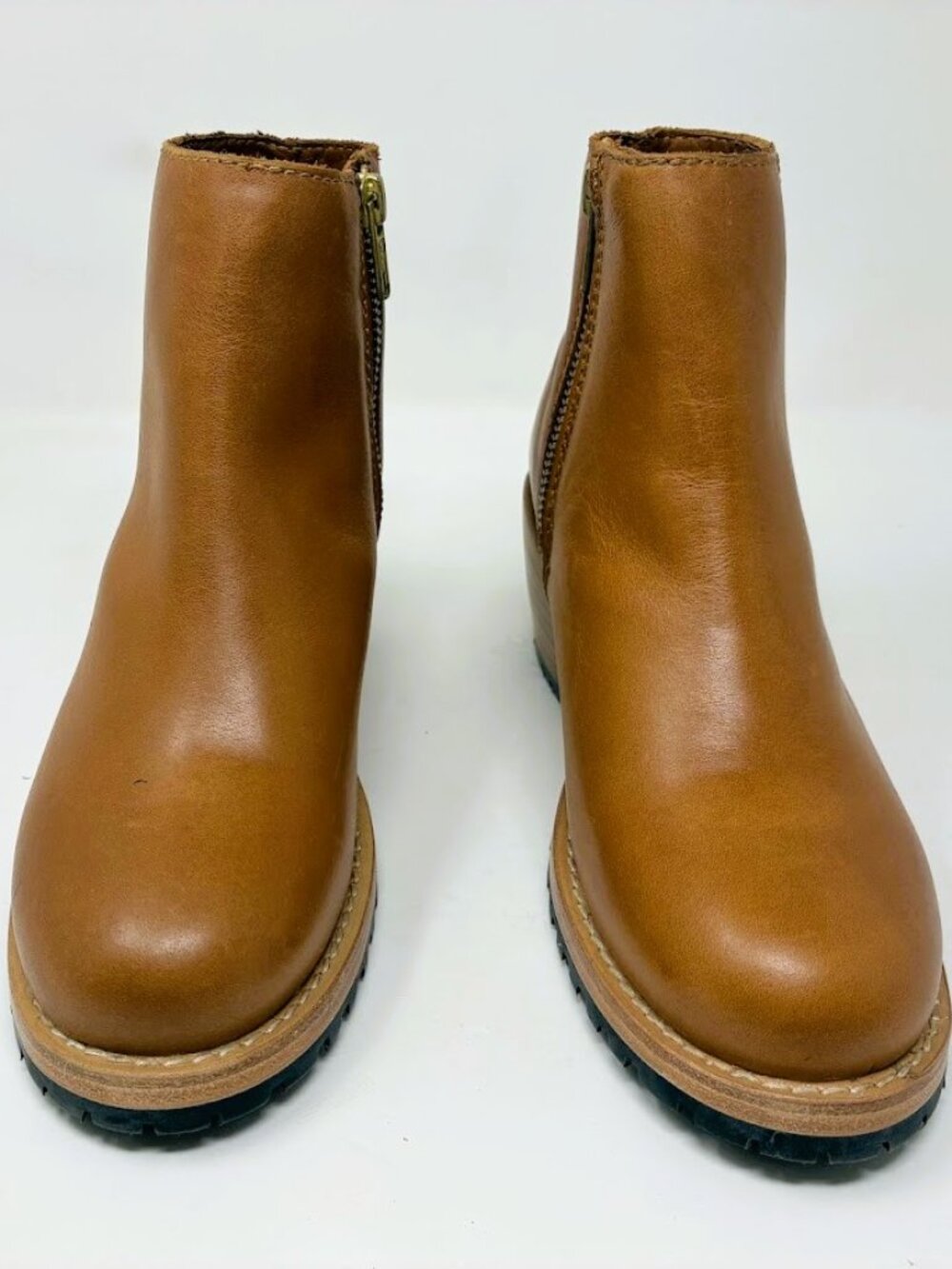 PLG Portland Leather Patina Boots Women 5.5 EU 35 Tan Side Zip Lug Block Heel